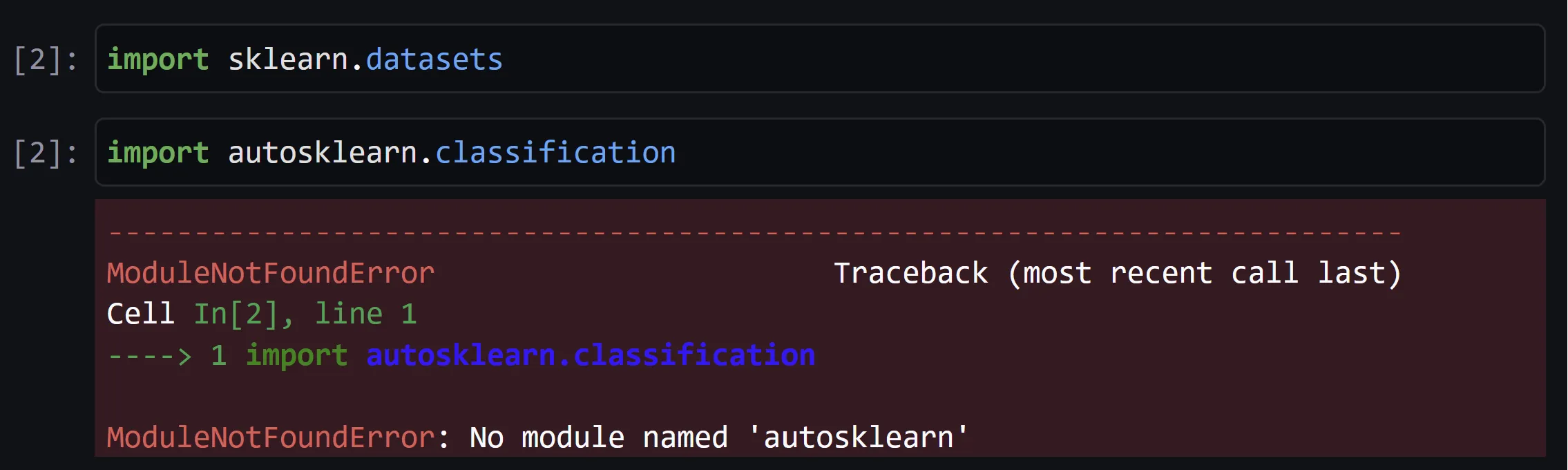 A screenshot of attempting to import autosklearn.classification from a SageMaker notebook and the resulting ModuleNotFoundError.