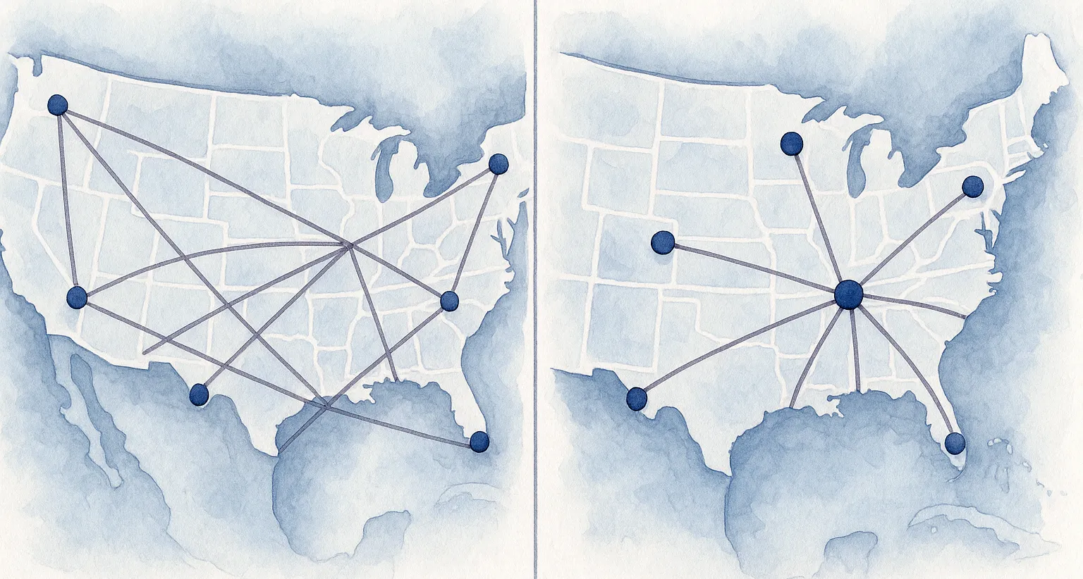 Two side-by-side watercolor maps of the United States illustrating different airline network models. Left map displays a point-to-point network with multiple cities connected directly to each other in a web pattern. Right map shows a hub-and-spoke network with one central hub city connected to multiple spoke cities radiating outward.