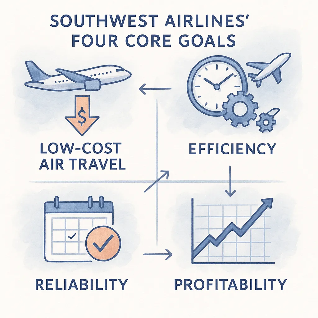 Infographic showing Southwest Airlines&#x27; four core goals in a cycle: Low-cost air travel (airplane with downward dollar arrow), Efficiency (clock with gears), Profitability (upward trending graph), and Reliability (calendar with checkmark). Arrows connect each goal showing their interconnected relationship.